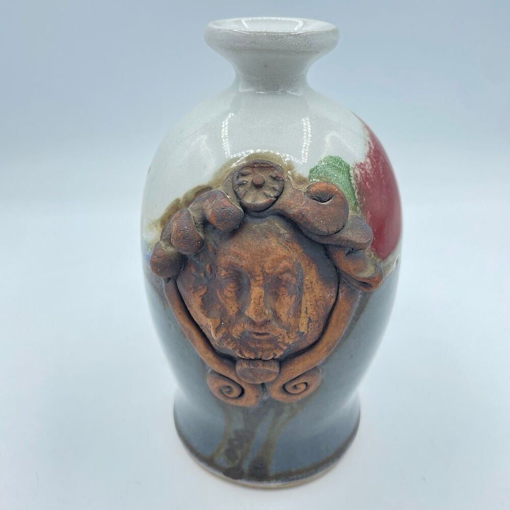 Vintage Signed Chappelle Artisan Pottery Vase Jug Pitcher Old Man Winter Face - Picture 3 of 9